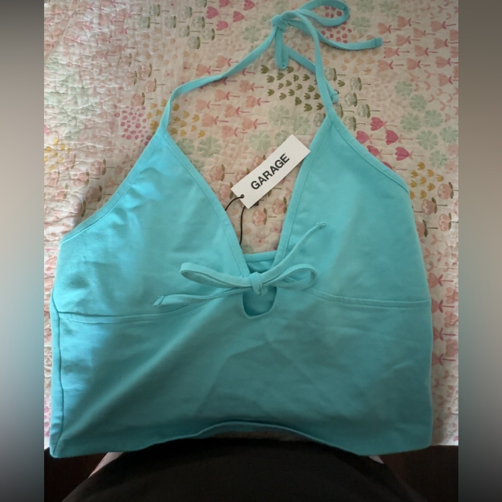 garage- blue halter top with tie